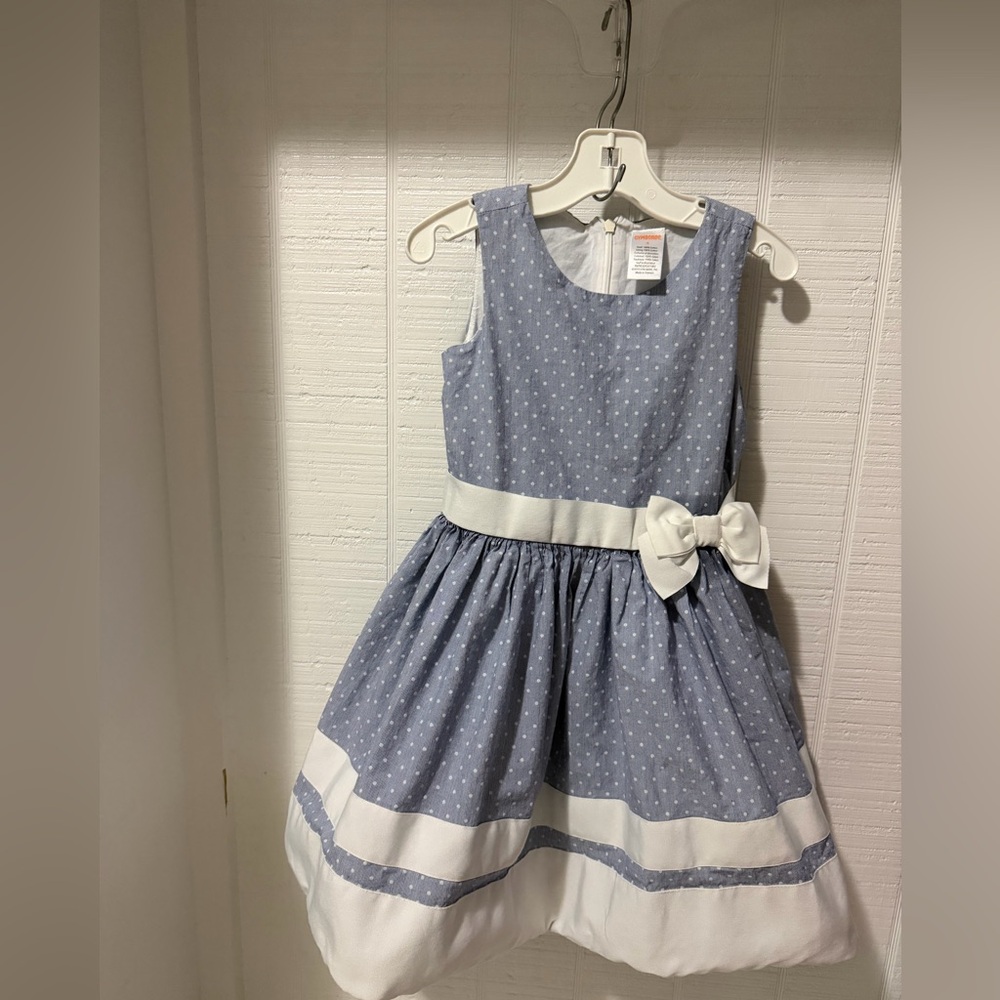 Gymboree Size 4 Cotton 100% Gray Blue White Polka Dot Bow Dress Girls Kids